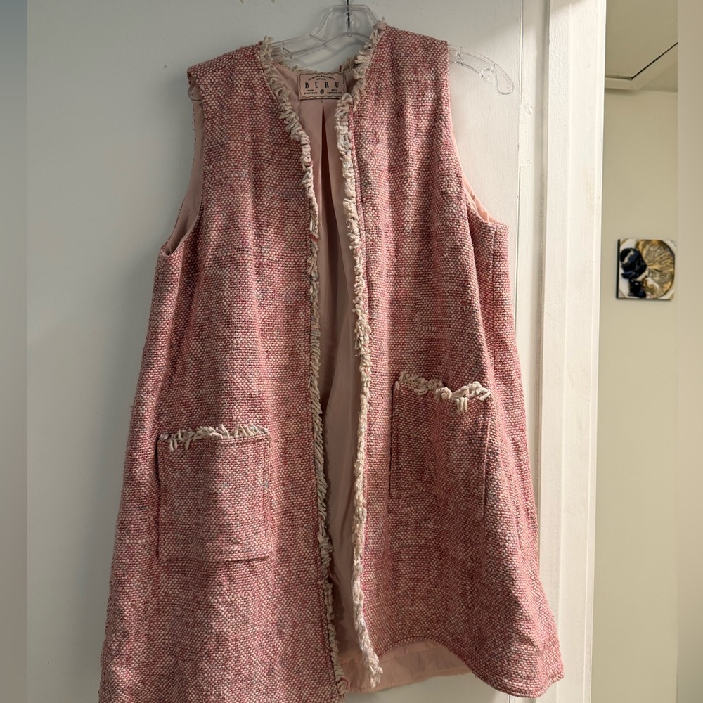Pink Tweed Sleeveless Vest with Fringe from BURU
